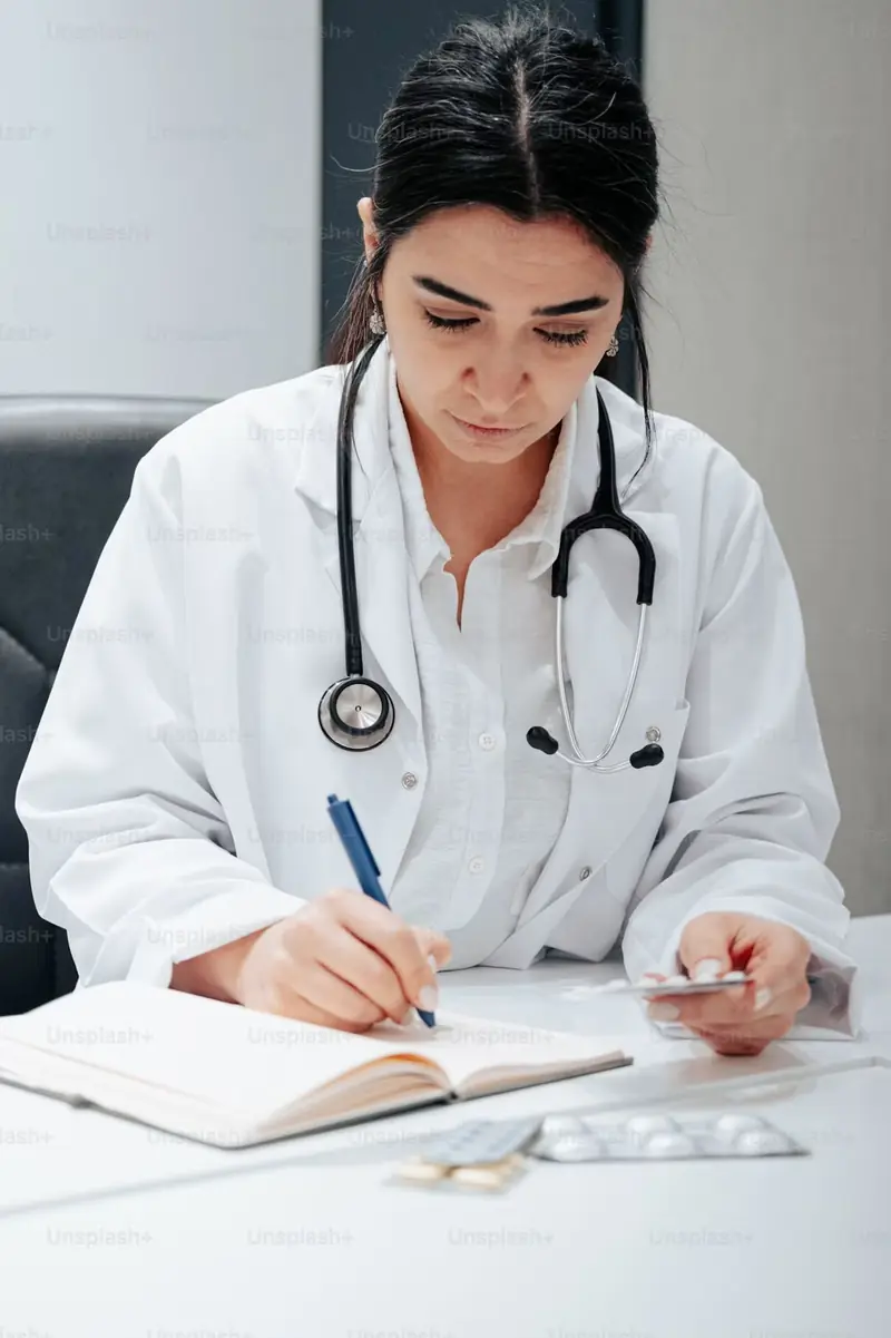 A doctor writing notes at a clinic desk