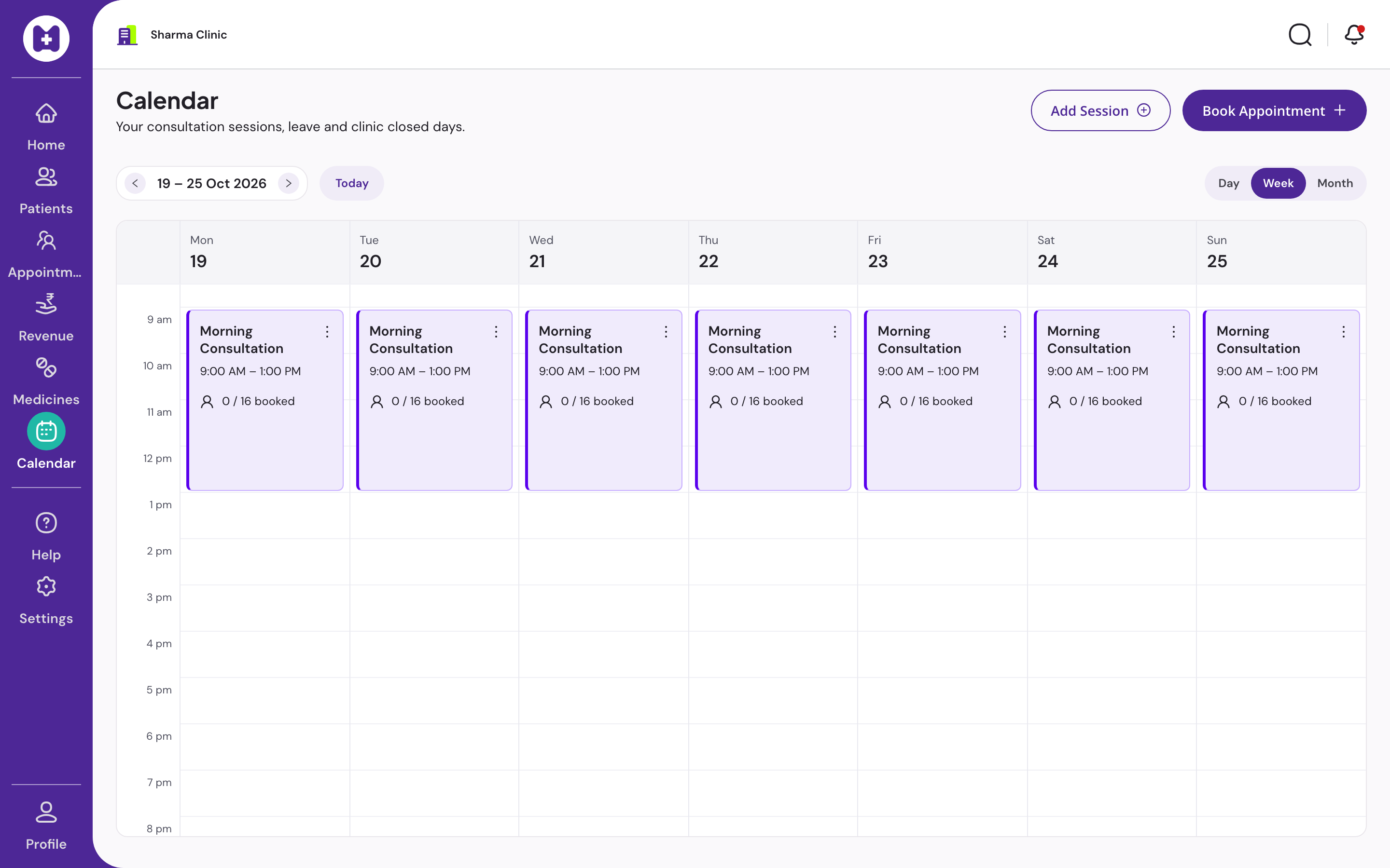 Week calendar with doctor sessions and bookings